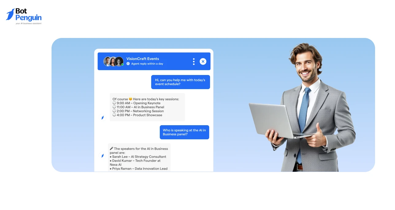 AI-powered event chatbot helping attendees with schedules and speaker information