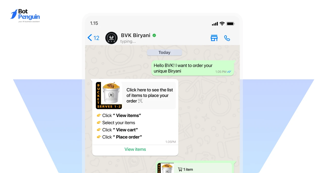 BVK Biryani WhatsApp ordering chatbot example for restaurant menu browsing and food ordering
