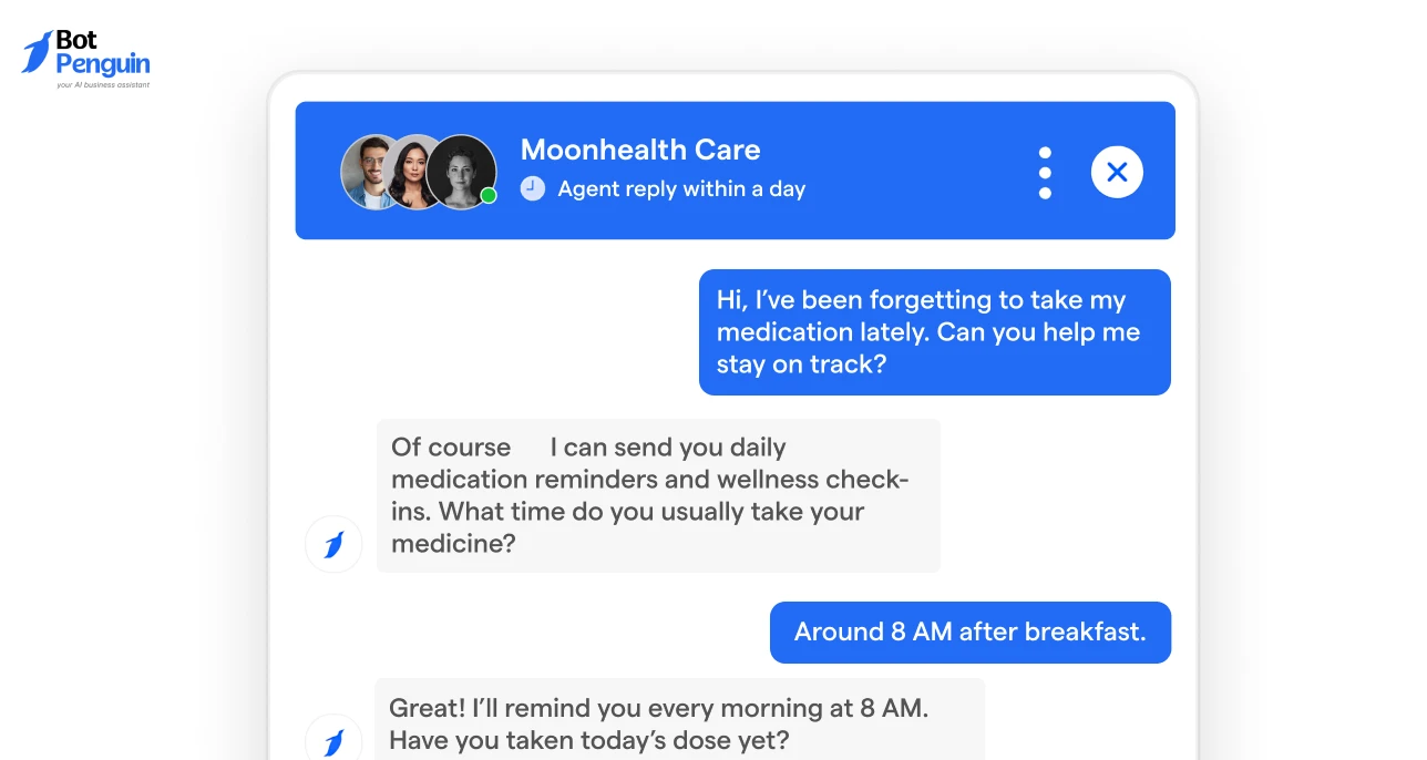 Healthcare chatbot for patient engagement helping users with medication reminders and wellness support