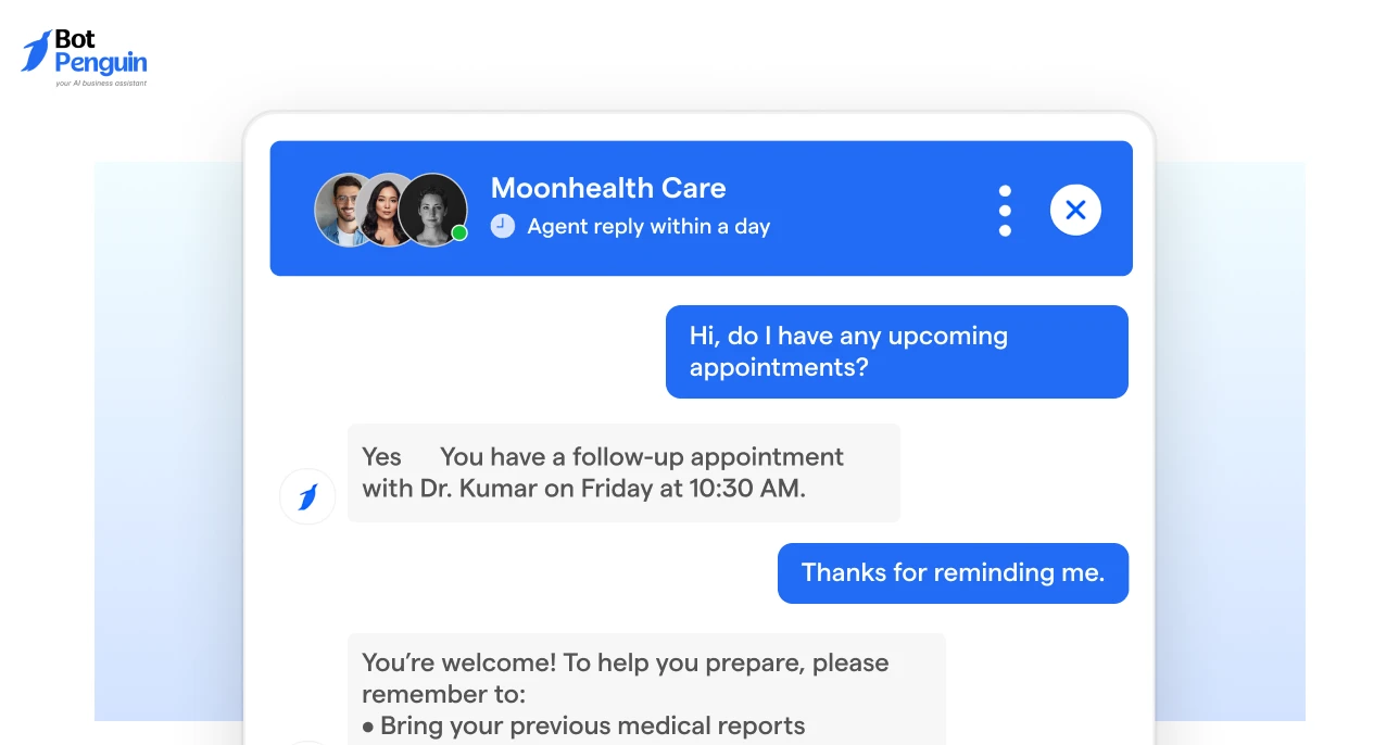 Examples of patient engagement through healthcare chatbots for appointment reminders and follow-up support