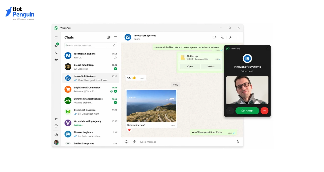 WhatsApp Web interface showing chats, file sharing, messaging, and video calling features on desktop and mobile devices