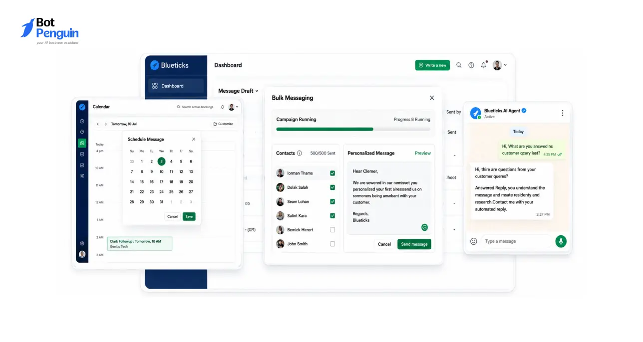 Blueticks Chrome extension dashboard for scheduling WhatsApp messages, bulk campaigns, and automated follow-up reminders.