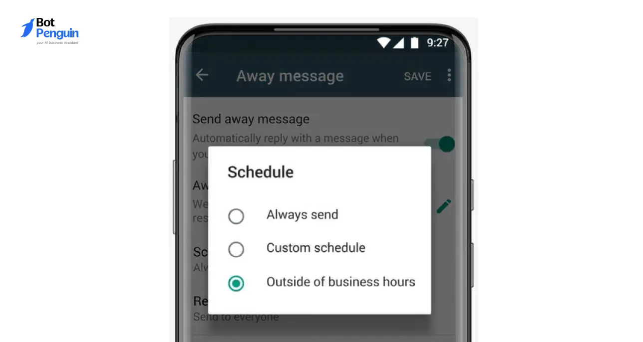 WhatsApp Business away message scheduling settings showing automatic replies during custom hours or outside business hours.