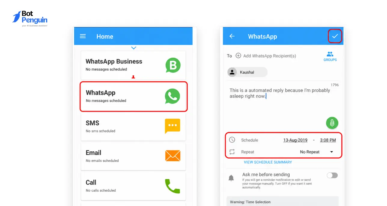 Scheduling a WhatsApp message on Android with the SKEDit app by selecting a contact, message, and delivery time.