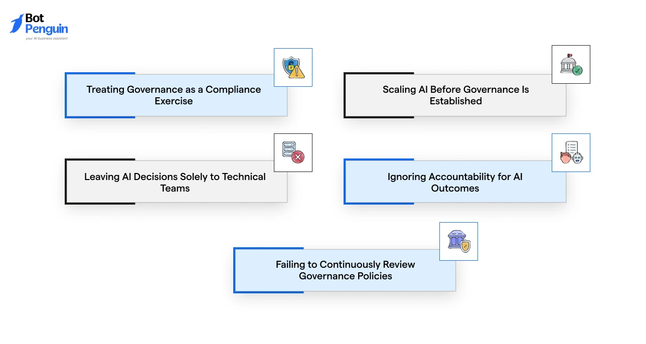 common AI governance mistakes, including weak accountability, poor policy reviews, premature scaling, compliance-only approaches, and isolated decision-making.