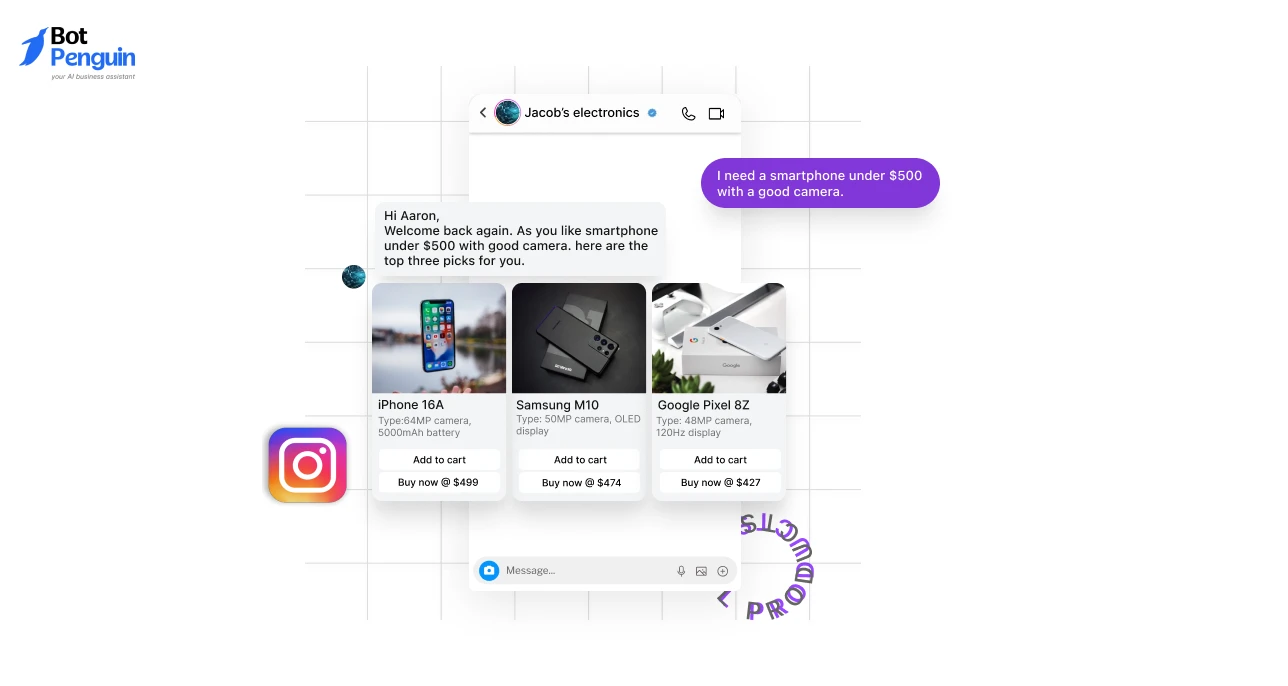 Instagram chatbot assistant recommending products based on customer preferences, showcasing personalized shopping assistance and automated product recommendations.