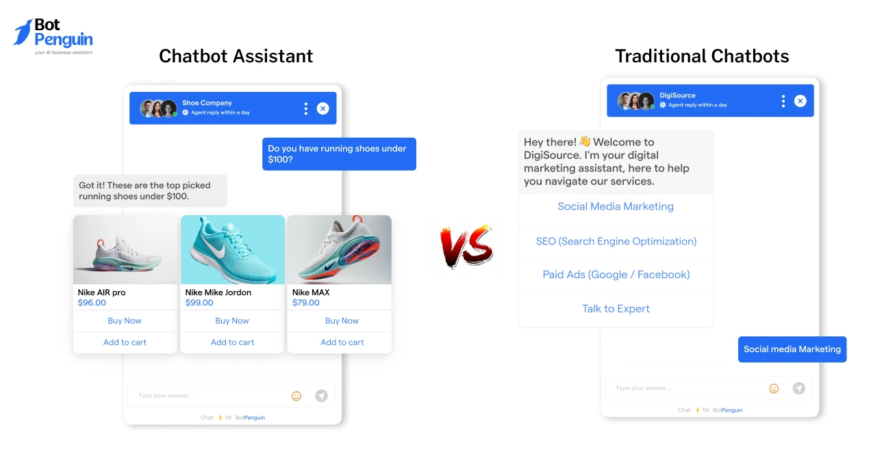 Comparison between a chatbot assistant and a traditional chatbot, highlighting personalized product recommendations and contextual conversations versus menu-based interactions.