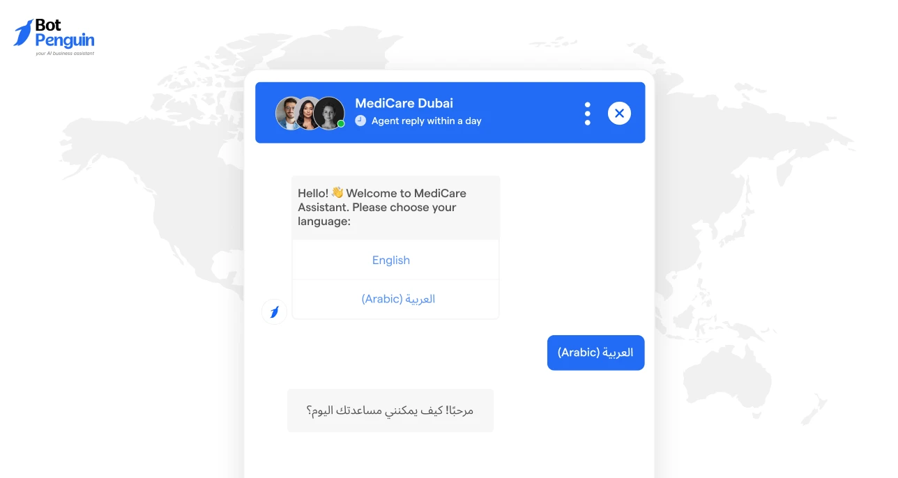 Multilingual healthcare chatbot allowing users to select English or Arabic, demonstrating language switching and localized customer support across global audiences.