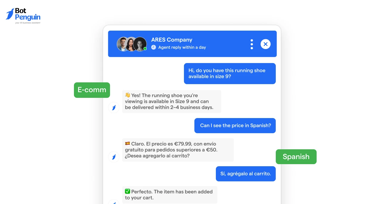 E-commerce chatbot assisting customers in multiple languages by answering product questions, displaying prices in Spanish, and supporting purchases through localized conversations.