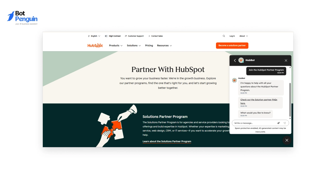HubSpot partner program webpage featuring an integrated chatbot, demonstrating marketing automation, lead generation, and agency partnership opportunities.