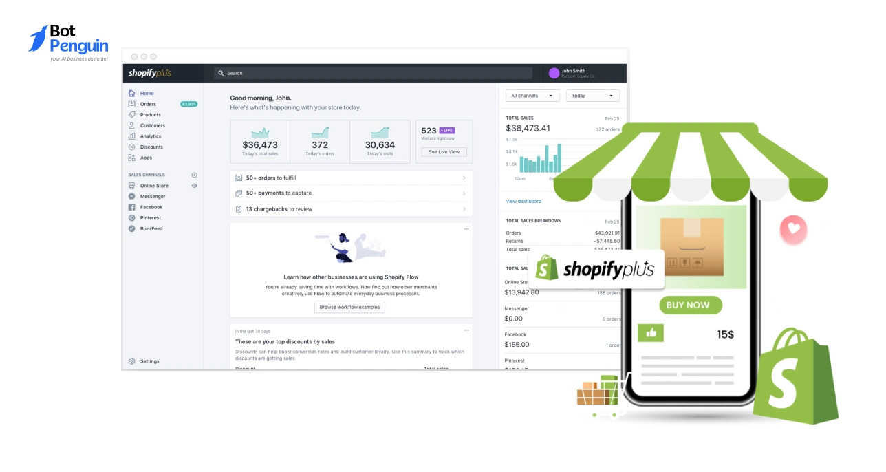 Shopify Plus dashboard and mobile storefront interface showcasing enterprise eCommerce capabilities, scalability, and online store management for agency partners.