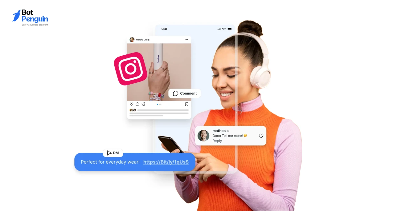 Instagram automation illustration featuring a user interacting with automated comment and direct message responses, demonstrating how businesses engage followers automatically.