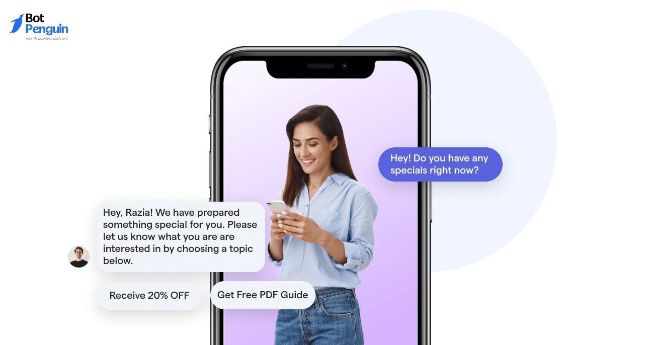 Instagram chat interface displaying automated quick replies, personalized offers, and lead-generation messages sent to customers through direct messaging.