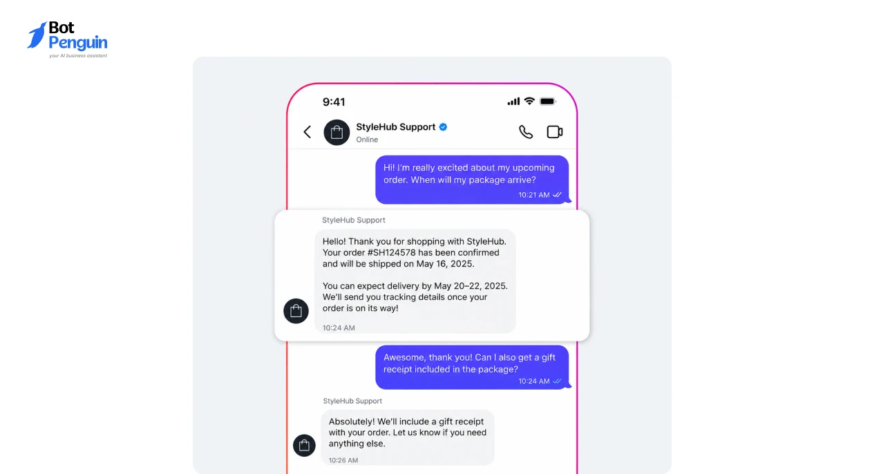 Instagram direct message conversation showing automated customer support responses for order tracking, delivery updates, and common customer inquiries.