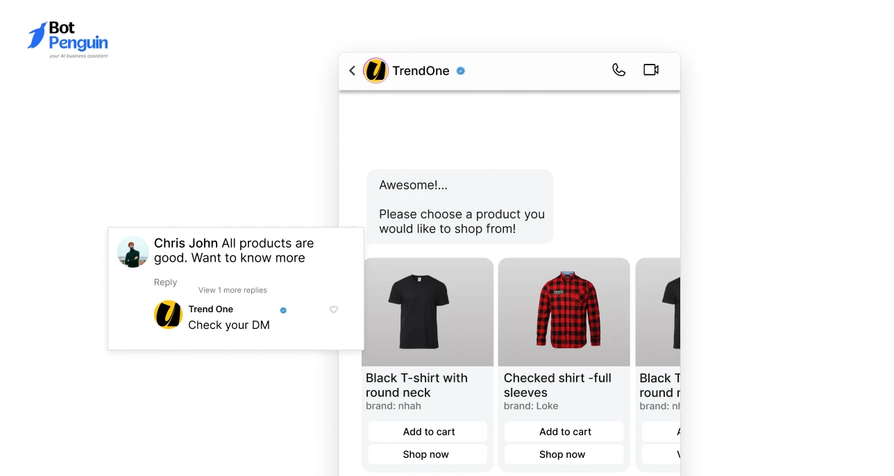 Instagram comment automation example where a customer comment automatically triggers a direct message conversation with personalized product recommendations.