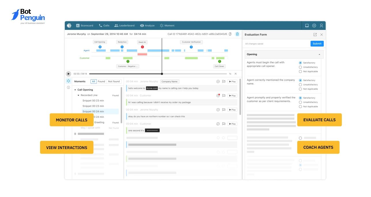 Observe.AI platform dashboard displaying call monitoring, interaction analysis, agent coaching, and quality assurance tools for healthcare customer service teams.