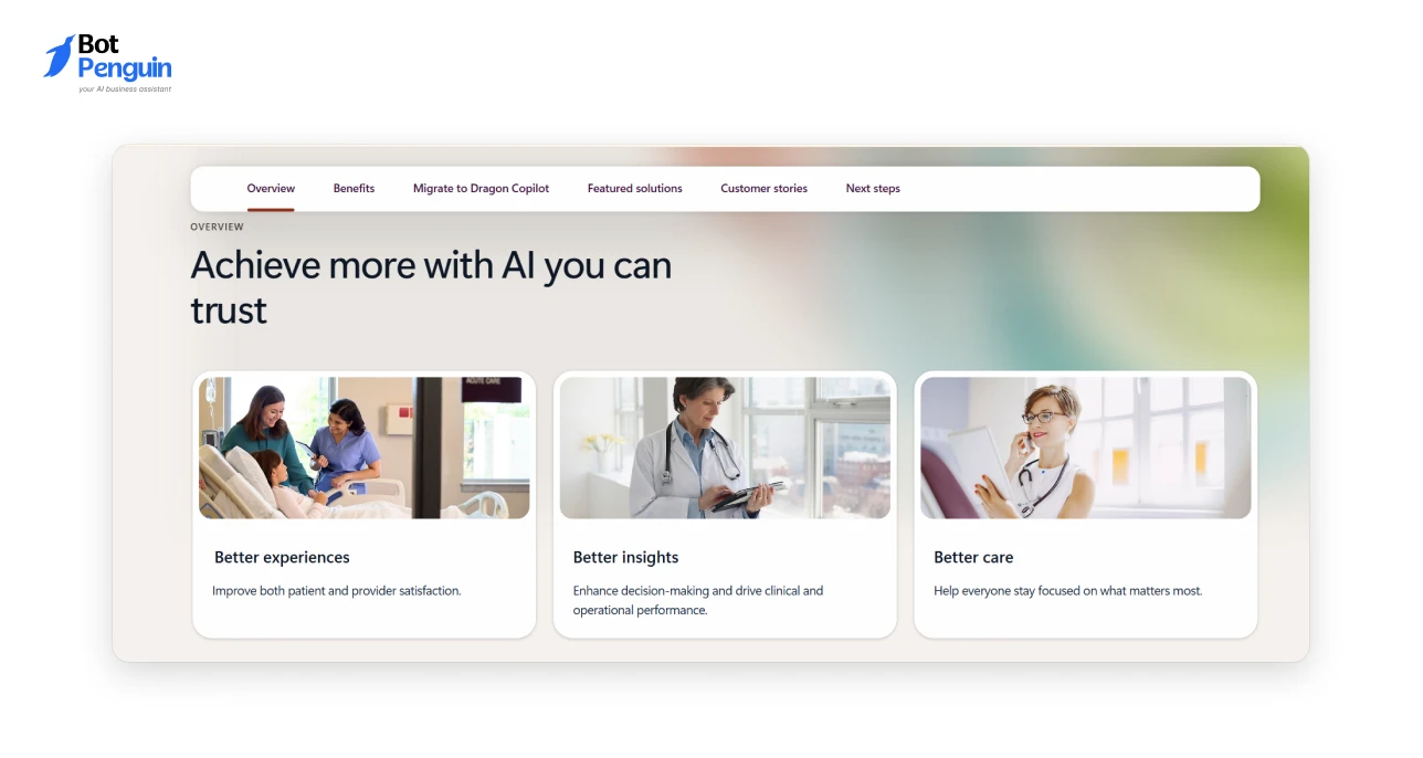 Nuance healthcare AI platform showcasing patient care improvements, clinical insights, and operational efficiency through trusted conversational AI solutions.