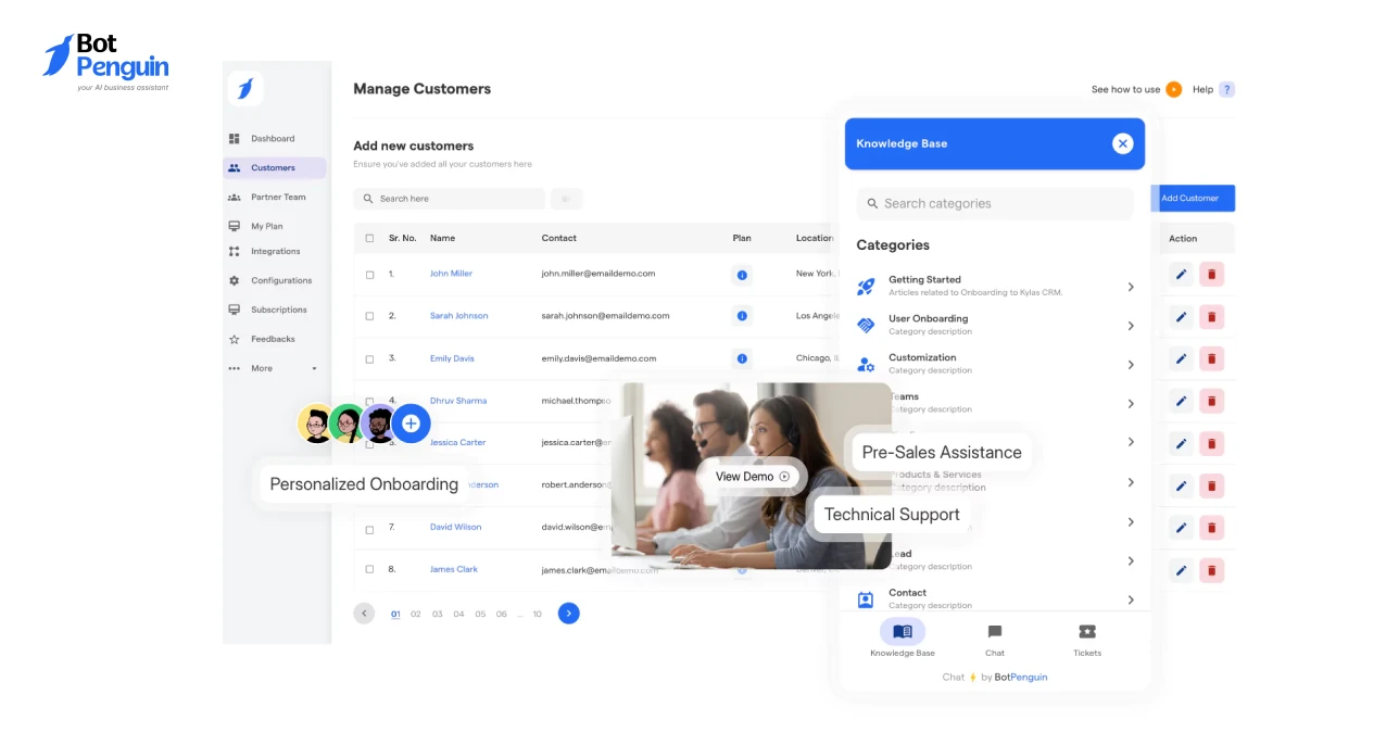 BotPenguin healthcare support interface featuring personalized onboarding, knowledge base access, pre-sales assistance, and technical support automation for healthcare organizations.