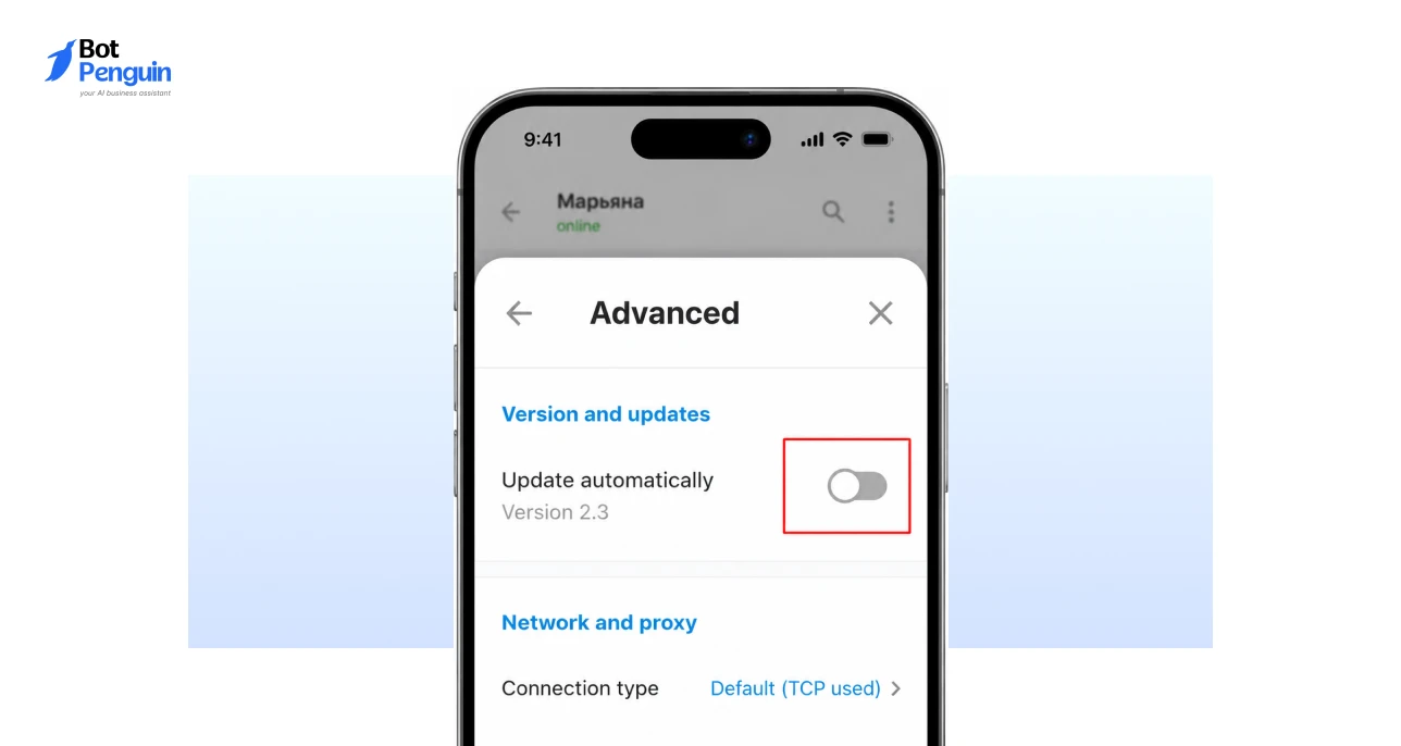 Telegram settings screen showing automatic updates to improve security and performance.