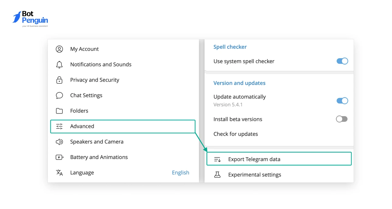 Telegram settings panel highlighting software updates and data export options for account security.