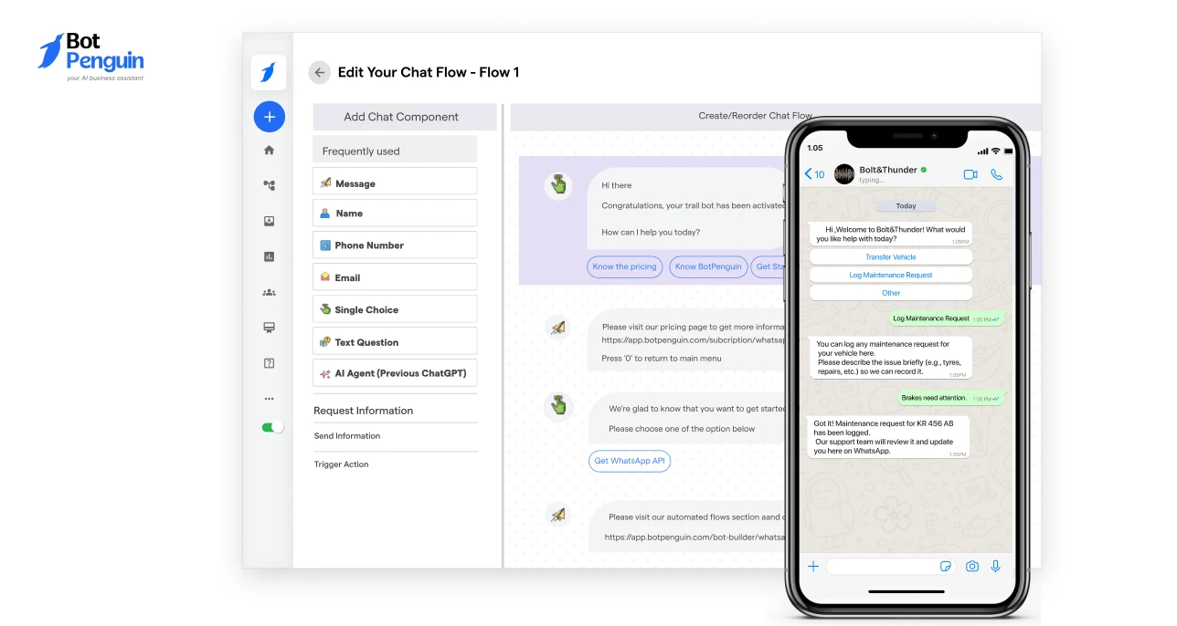 WhatsApp chatbot builder connected to a live WhatsApp Business conversation workflow.