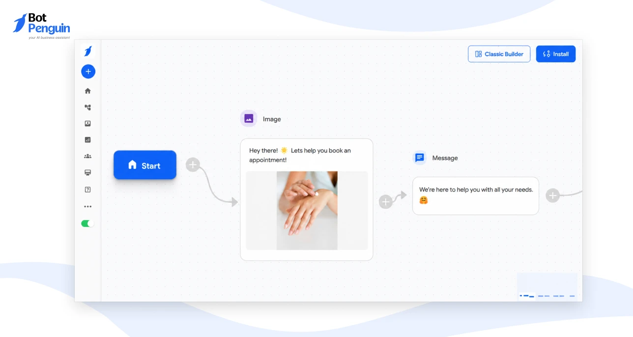No-code AI agent builder interface for creating automated customer conversation flows.