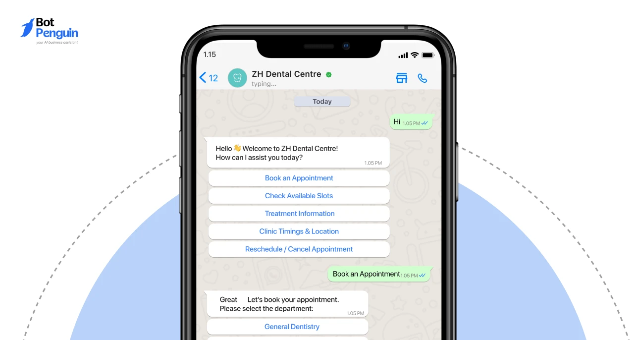 Dental clinic WhatsApp chatbot helping patients book appointments and access clinic services.