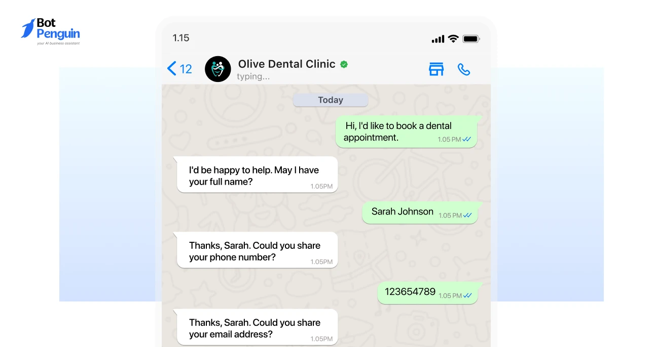 Healthcare chatbot collecting patient contact details for appointment booking and follow-up.