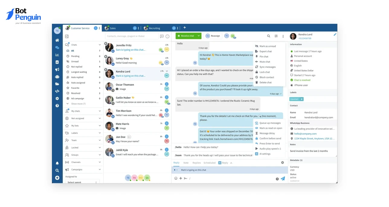 Wassenger dashboard interface for managing WhatsApp conversations and customer support.