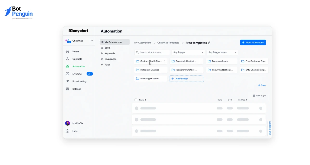 ManyChat automation dashboard showing chatbot workflows and campaign management.