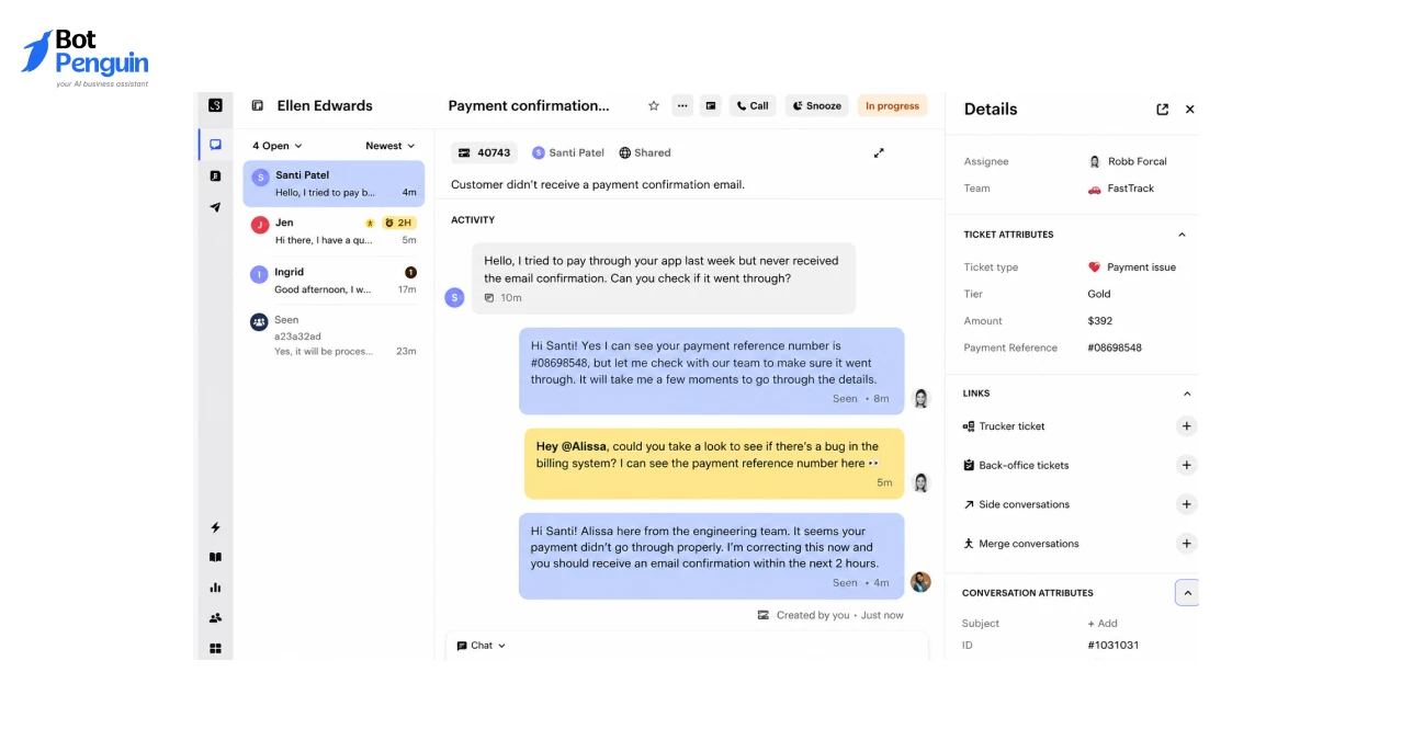 Intercom AI analytics dashboard showing conversation trends, customer engagement metrics, and chatbot performance reporting.