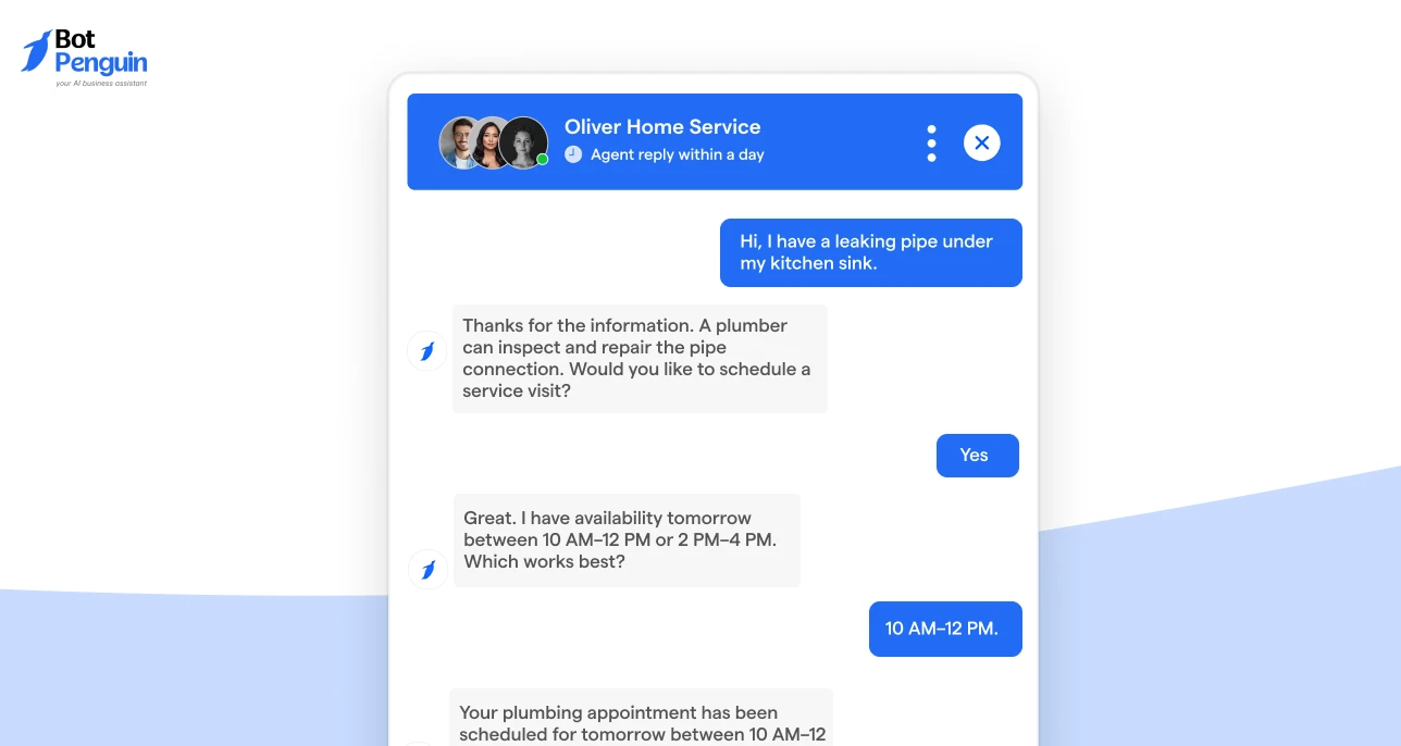 AI lead generation chatbot for home service businesses helping customers schedule plumbing, HVAC, and electrical service appointments.