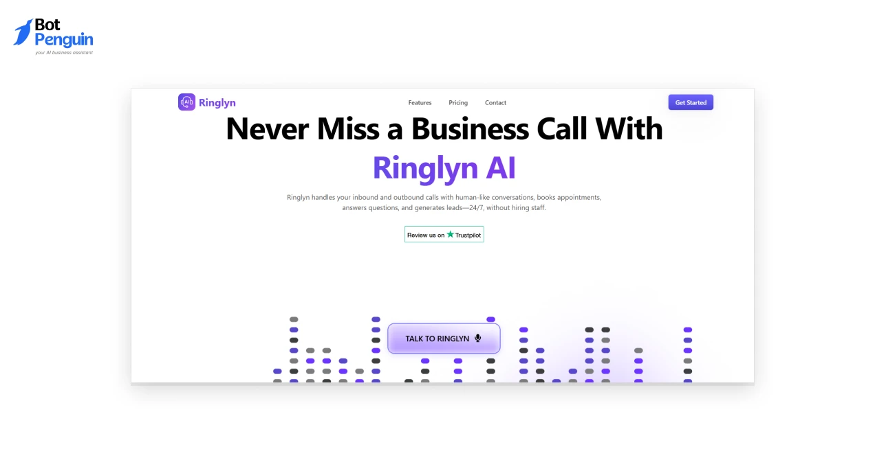 Ringlyn AI voice platform dashboard showcasing AI-powered business call automation, inbound and outbound voice conversations, appointment booking, and customer support.