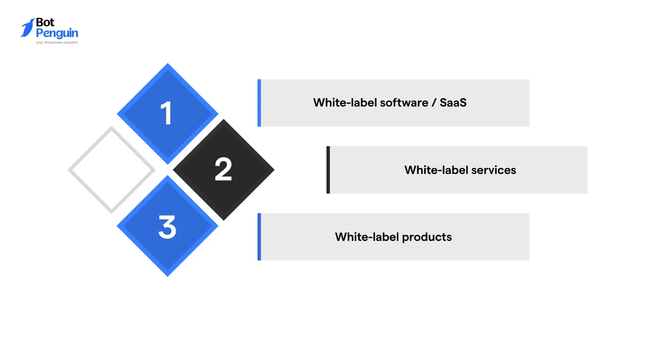 Types of white label partnerships including white label software, SaaS platforms, professional services, and private label products for business growth.