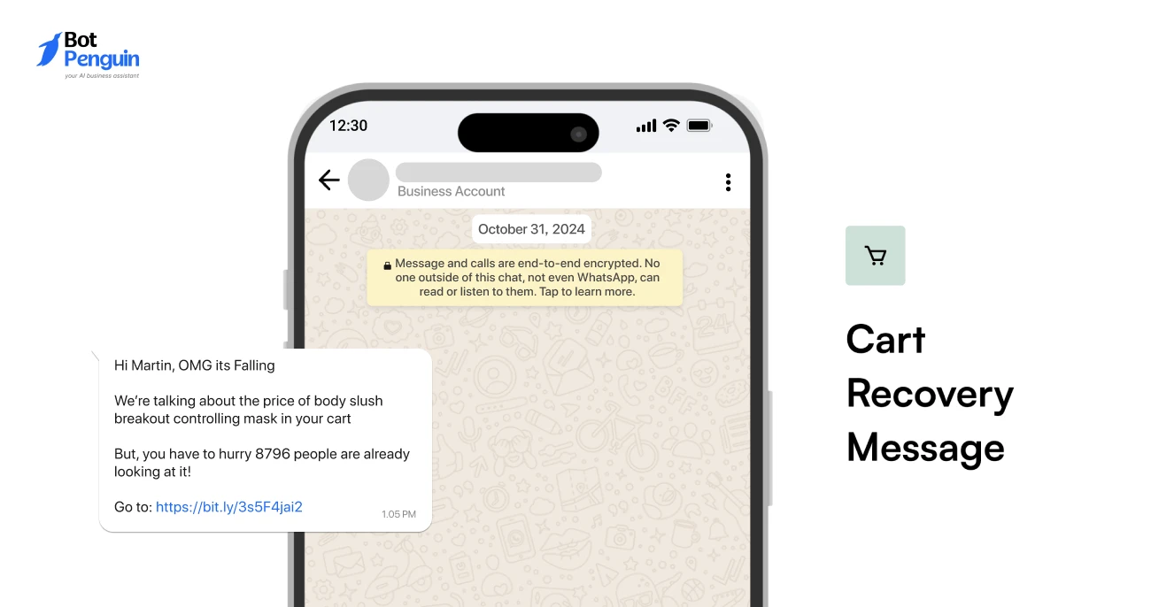 WhatsApp cart recovery automation sending abandoned checkout reminders, personalized offers, and purchase recovery messages for eCommerce stores.