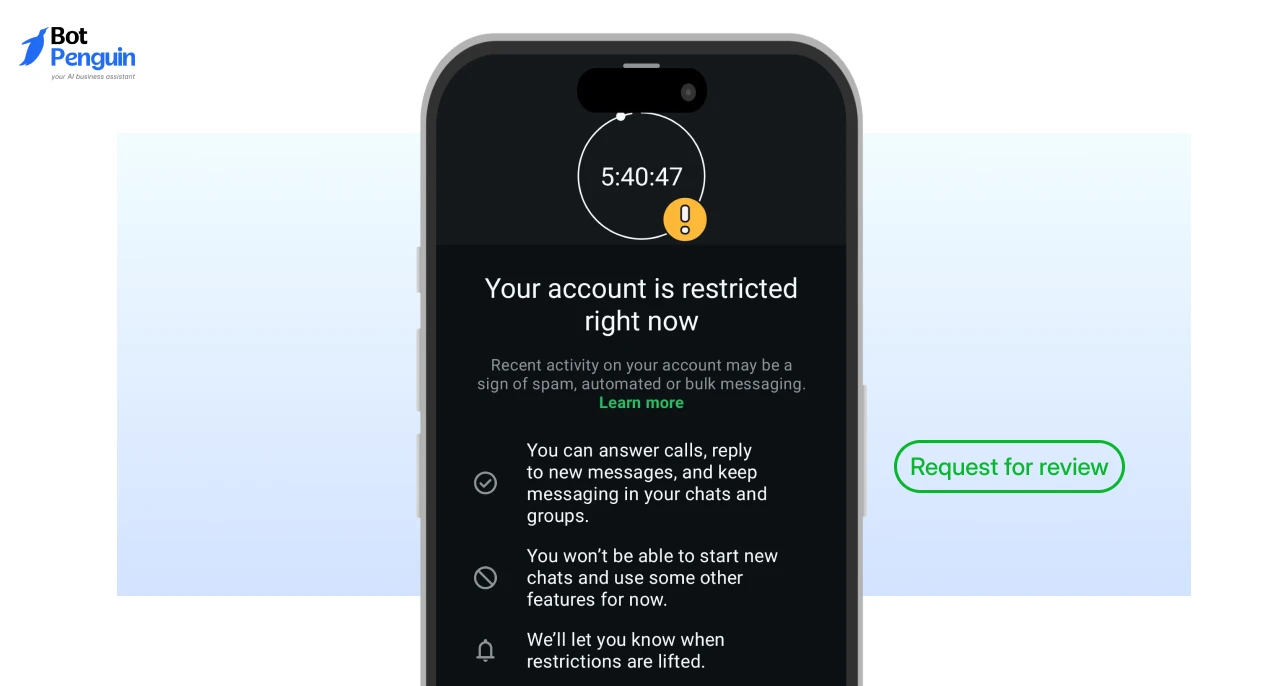 WhatsApp Business account restriction screen with request for review option, illustrating account review, policy violations, and restrictions that require Meta support intervention.