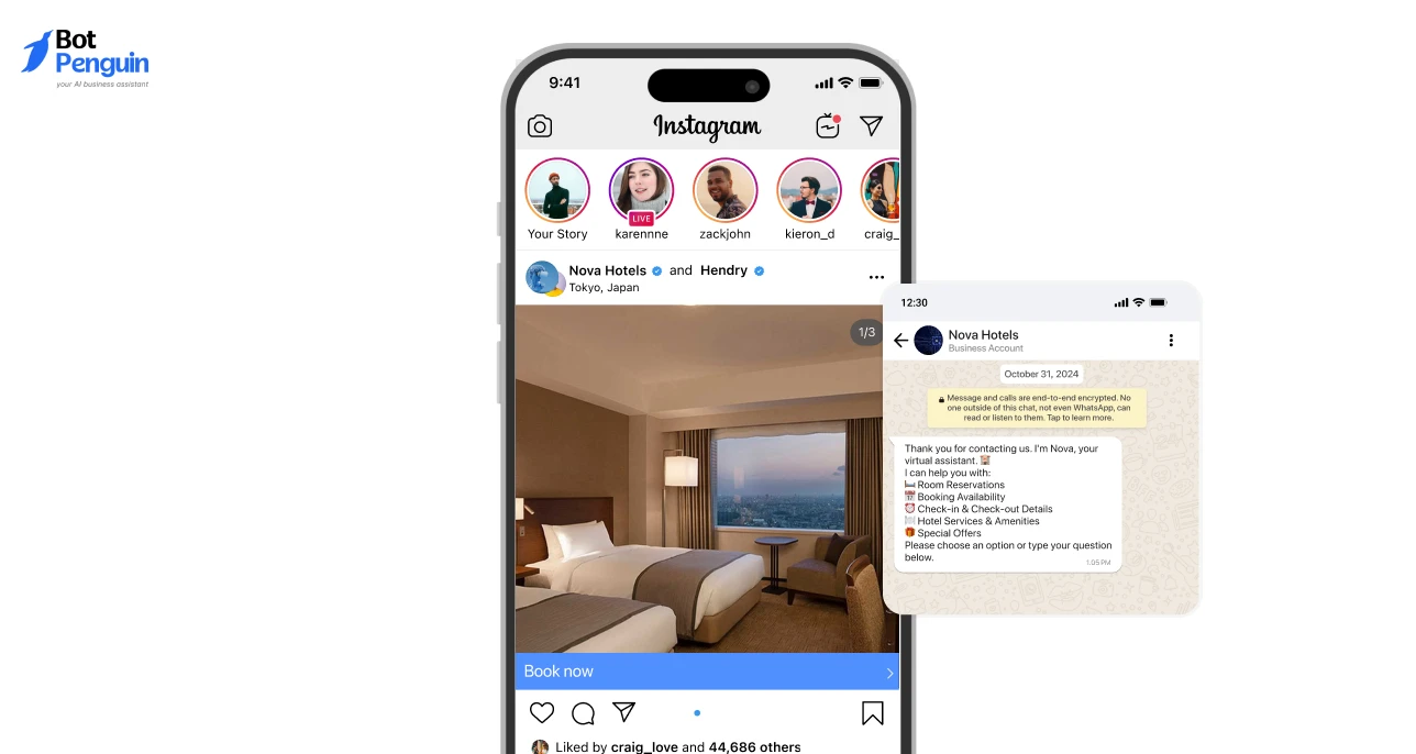a hotel chatbot integrated with Instagram and WhatsApp to automate guest inquiries, room bookings, and hotel customer communication.