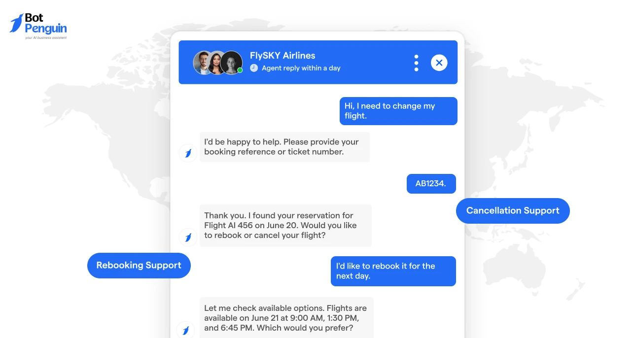 Illustration of an airline chatbot helping passengers with flight rebooking and cancellation support through automated conversational assistance.