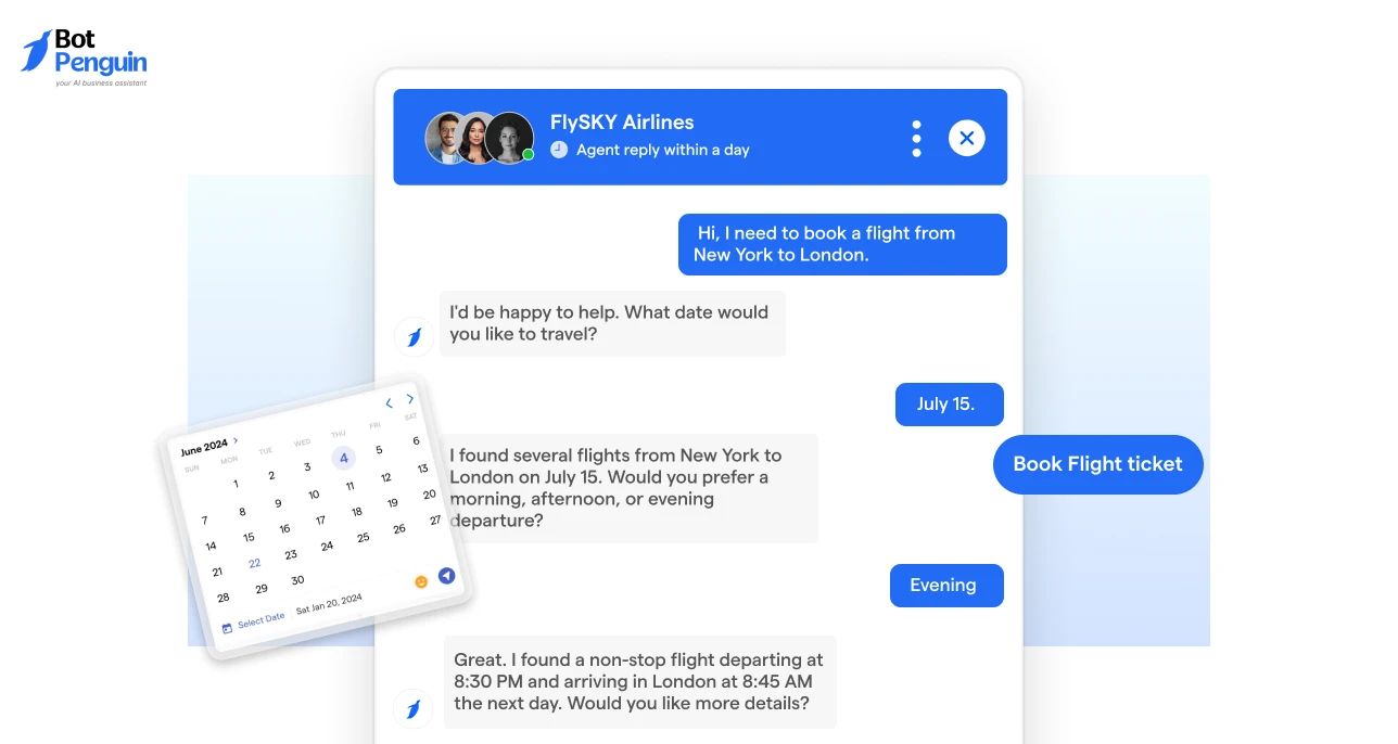 an AI airline chatbot assisting passengers with flight search, ticket booking, travel date selection, and reservation management.