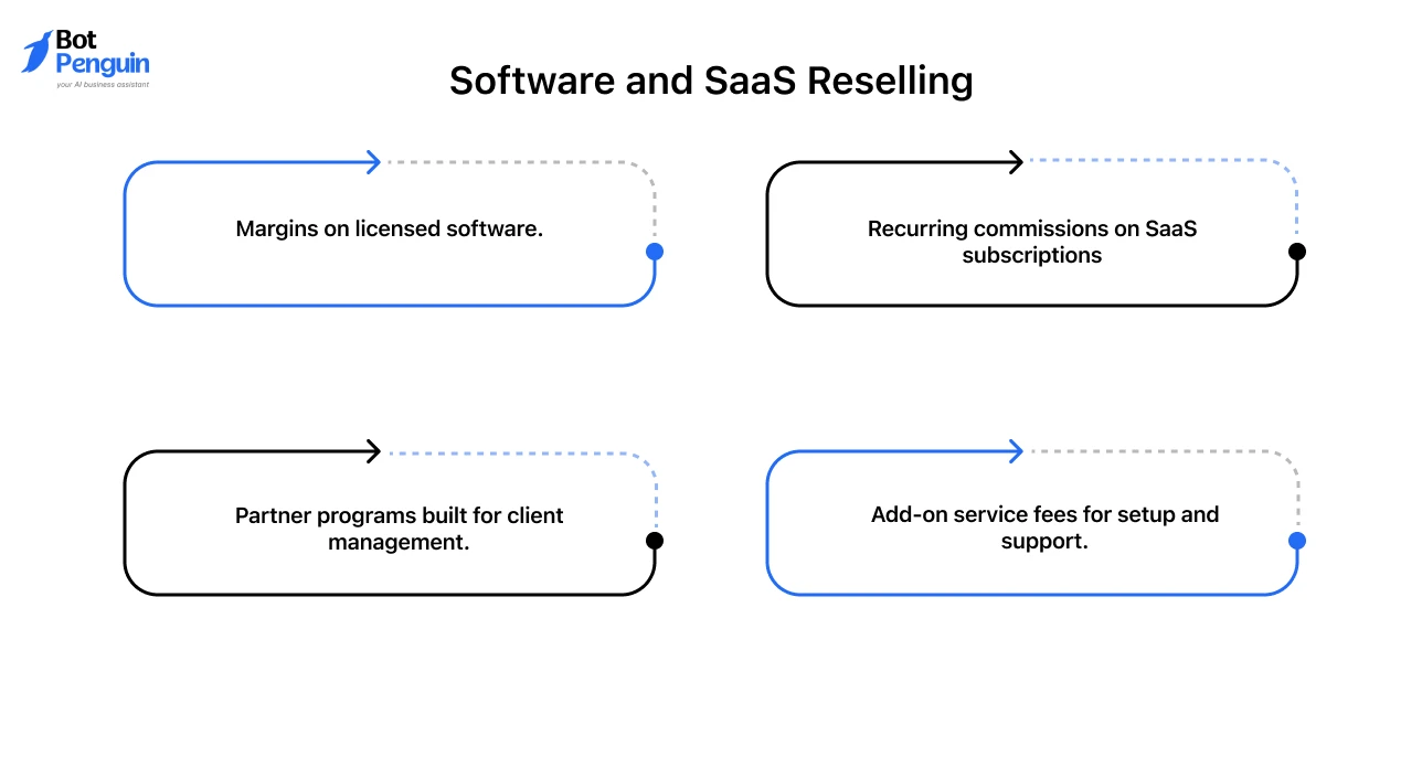 Infographic highlighting software and SaaS reselling revenue opportunities, including software margins, recurring SaaS commissions, partner programs, and setup and support service fees.