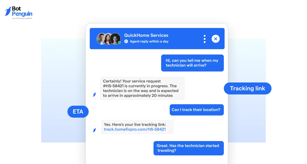 AI chatbot providing delivery ETA updates and live tracking links for service appointments.