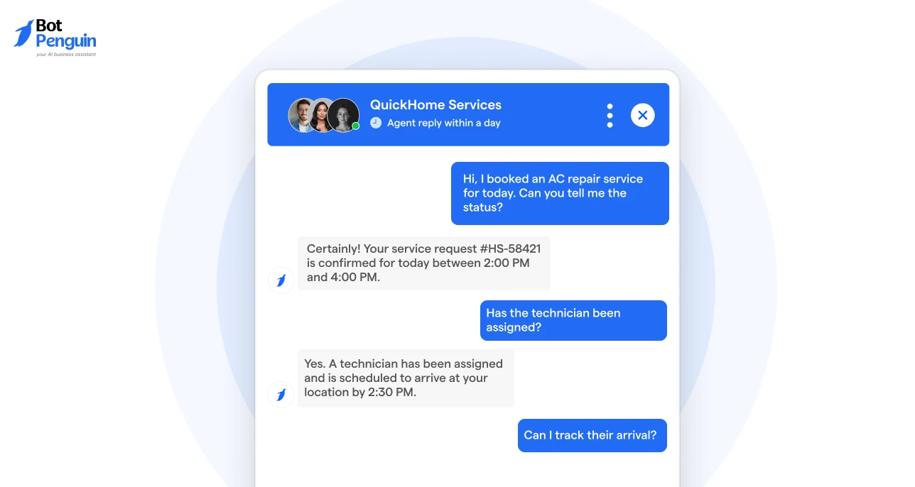 AI chatbot sharing technician arrival time and service tracking updates with customers.