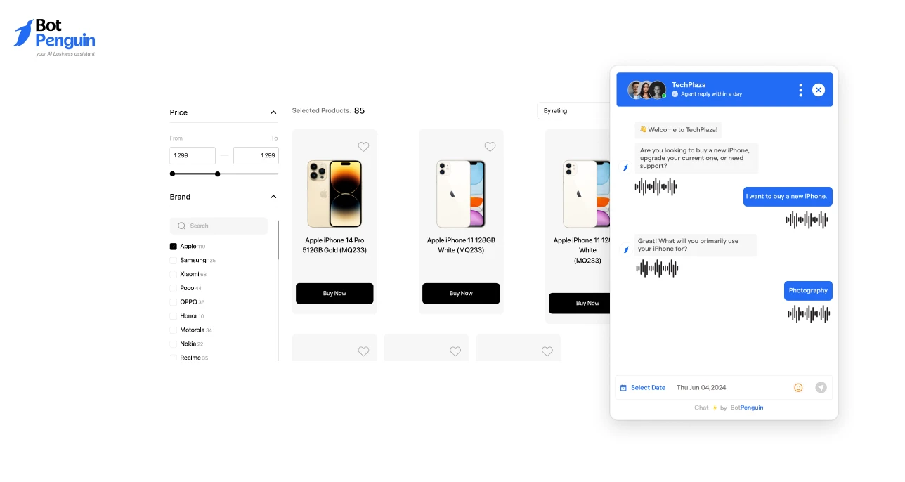 a voice-enabled website chatbot helping an online shopper browse products using natural voice conversations and AI-powered assistance.