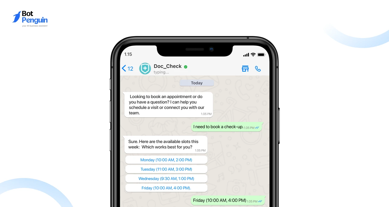 WhatsApp chatbot conversation flow helping patients schedule healthcare appointments by displaying available time slots and confirming bookings automatically.