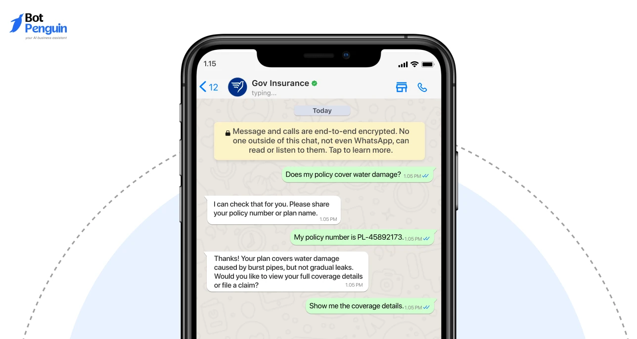 WhatsApp chatbot conversation example helping insurance customers check policy coverage, answer policy questions, and access claim-related information instantly.