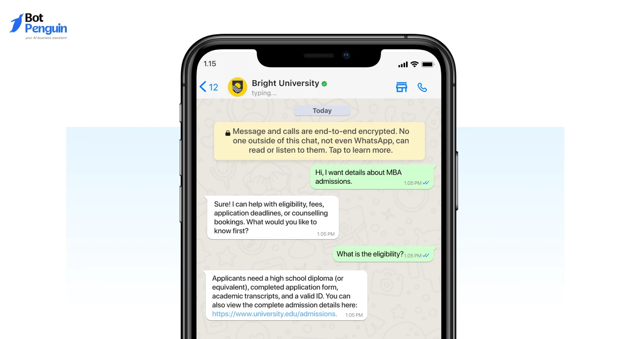 WhatsApp chatbot conversation example guiding prospective students through university admission enquiries, eligibility requirements, application details, and counselling support.
