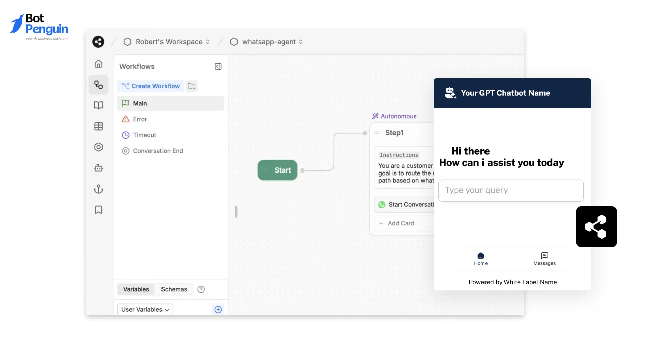 Botpress white-label AI agent platform interface featuring a visual workflow builder, chatbot editor, and customizable branded AI chatbot widget for agencies.