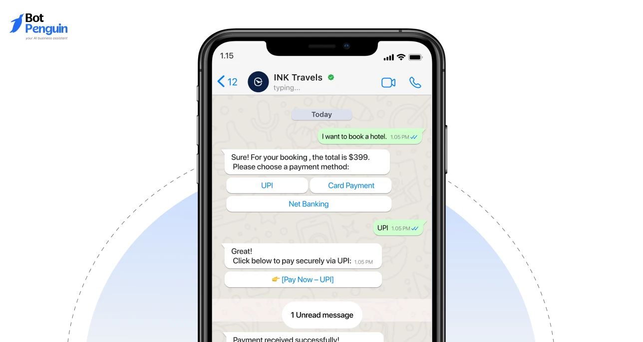 WhatsApp travel chatbot enabling hotel booking payments, secure payment links, and automated reservation confirmations through WhatsApp conversations.