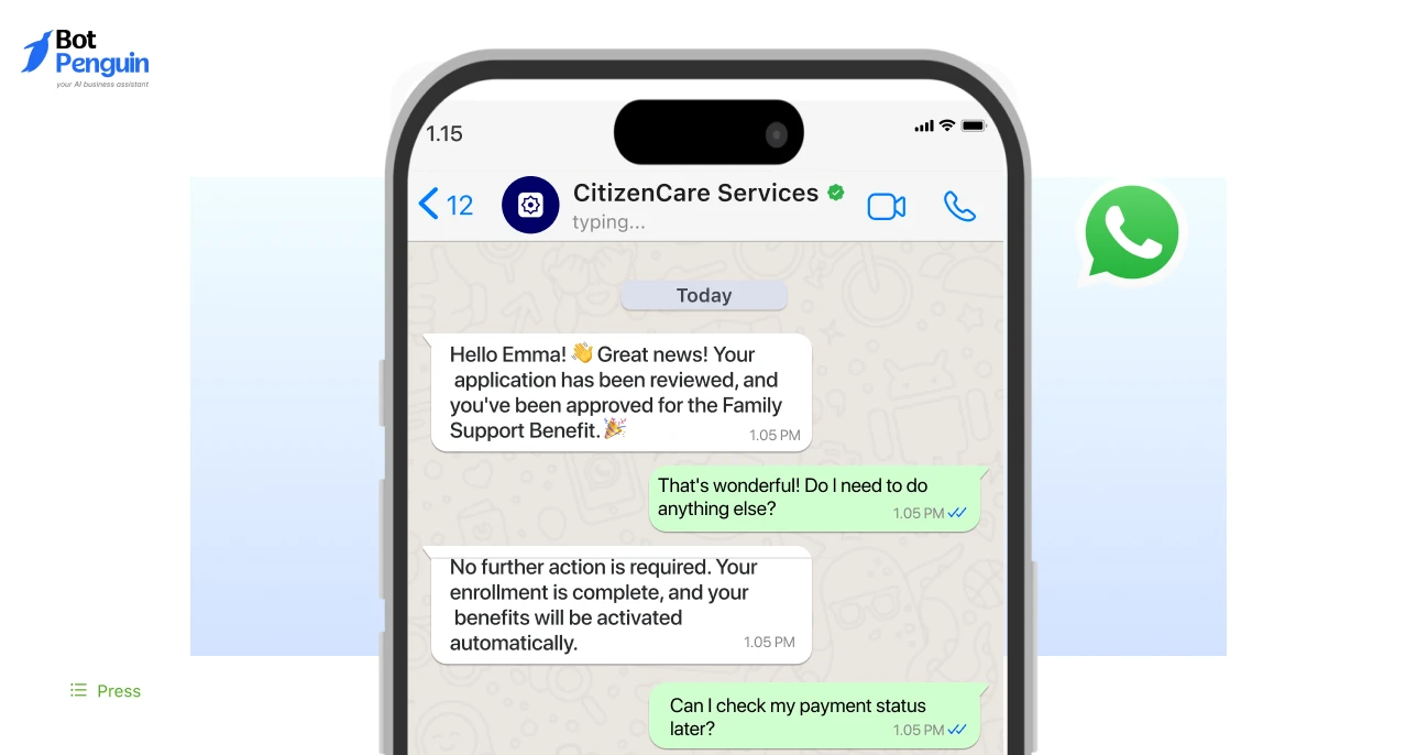 WhatsApp chatbot conversation showing how nonprofits can automatically answer beneficiary questions, provide application updates, and improve support with real-time WhatsApp automation.