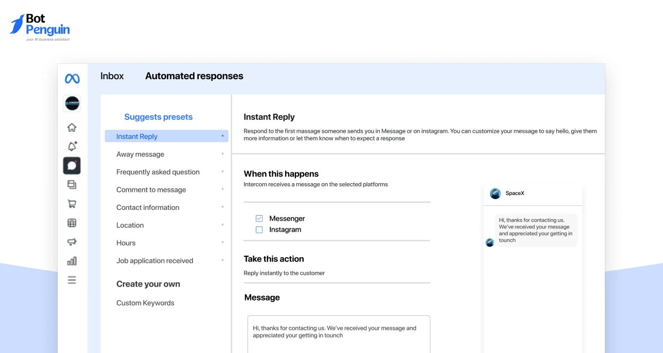 Meta Business Suite automated responses showing Messenger instant replies and customer messaging tools that may add to Facebook chatbot costs.